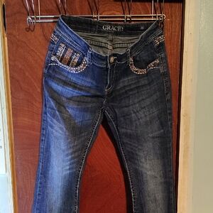 Grace In LA Women's Dark Blue Boot Cut Jeans with Embellished Pockets